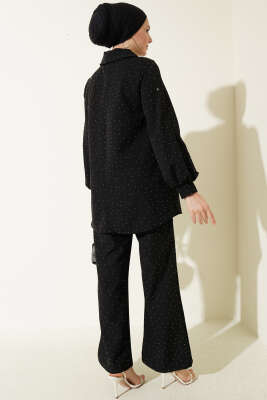 Gömlek Yaka Taş Süslemeli İkili Takım Siyah - İkili Takım