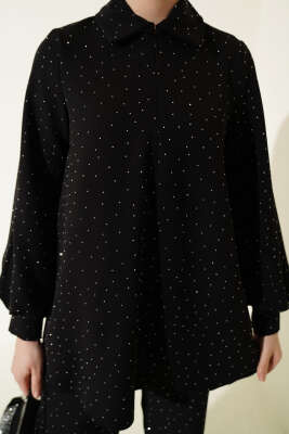 Gömlek Yaka Taş Süslemeli İkili Takım Siyah - İkili Takım