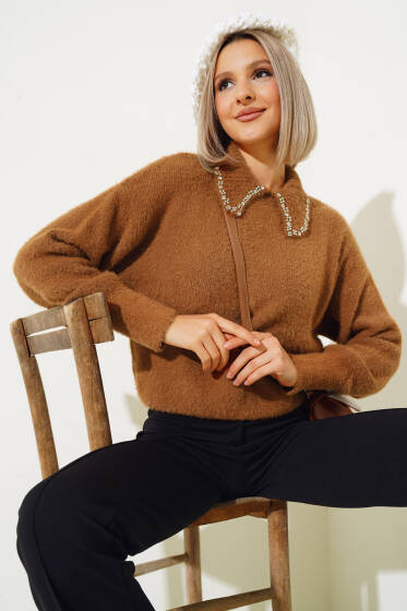 Gömlek Yaka Taşlı Sakallı Kısa Triko Kazak Camel - Yeni Giyim