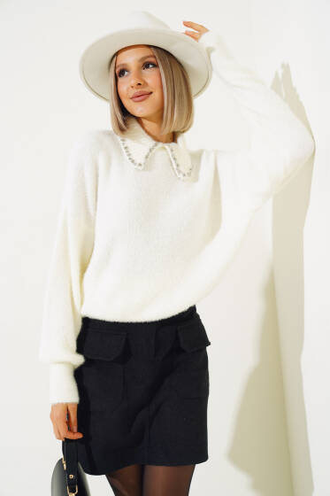 Gömlek Yaka Taşlı Sakallı Kısa Triko Kazak Ekru - Yeni Giyim