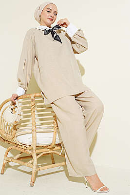 Gömlek Yaka Taşlı Salaş İkili Takım Bej 