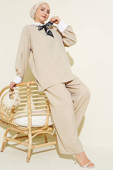 Gömlek Yaka Taşlı Salaş İkili Takım Bej - İkili Takım
