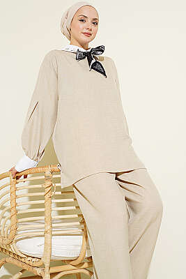 Gömlek Yaka Taşlı Salaş İkili Takım Bej - İkili Takım