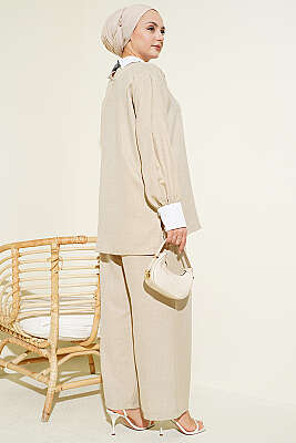 Gömlek Yaka Taşlı Salaş İkili Takım Bej - İkili Takım