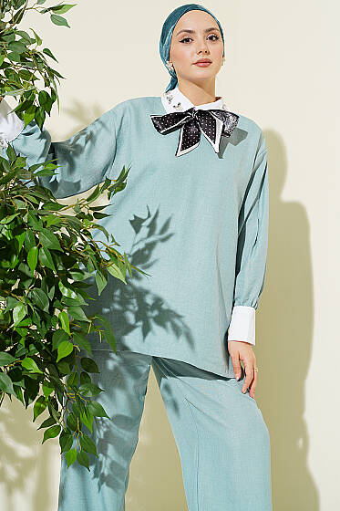 Gömlek Yaka Taşlı Salaş İkili Takım Çağla Yeşili - İkili Takım