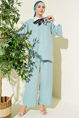 Gömlek Yaka Taşlı Salaş İkili Takım Çağla Yeşili - İkili Takım