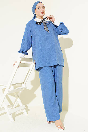 Gömlek Yaka Taşlı Salaş İkili Takım İndigo - İkili Takım