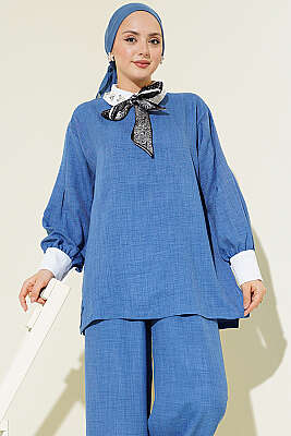 Gömlek Yaka Taşlı Salaş İkili Takım İndigo - İkili Takım