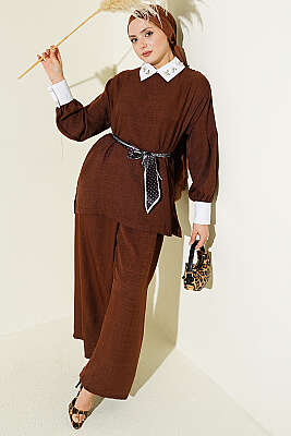 Gömlek Yaka Taşlı Salaş İkili Takım Kahve 