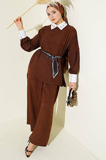 Gömlek Yaka Taşlı Salaş İkili Takım Kahve - İkili Takım