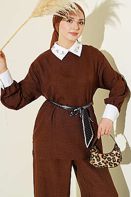 Gömlek Yaka Taşlı Salaş İkili Takım Kahve - İkili Takım