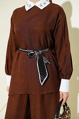 Gömlek Yaka Taşlı Salaş İkili Takım Kahve - İkili Takım