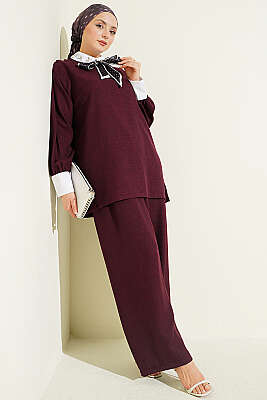 Gömlek Yaka Taşlı Salaş İkili Takım Mürdüm - İkili Takım