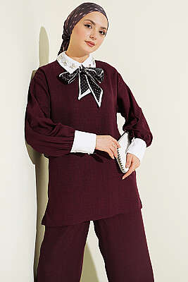 Gömlek Yaka Taşlı Salaş İkili Takım Mürdüm - İkili Takım