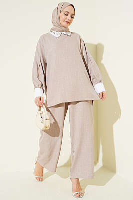 Gömlek Yaka Taşlı Salaş İkili Takım Pudra 