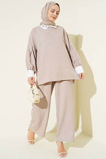 Gömlek Yaka Taşlı Salaş İkili Takım Pudra - İkili Takım