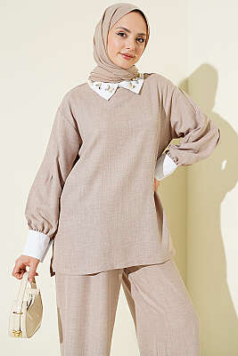 Gömlek Yaka Taşlı Salaş İkili Takım Pudra - İkili Takım