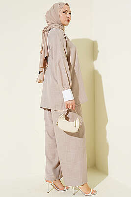 Gömlek Yaka Taşlı Salaş İkili Takım Pudra - İkili Takım