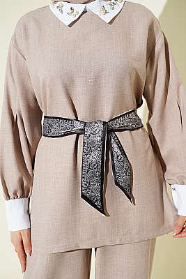 Gömlek Yaka Taşlı Salaş İkili Takım Pudra - İkili Takım