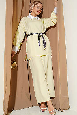 Gömlek Yaka Taşlı Salaş İkili Takım Sarı 