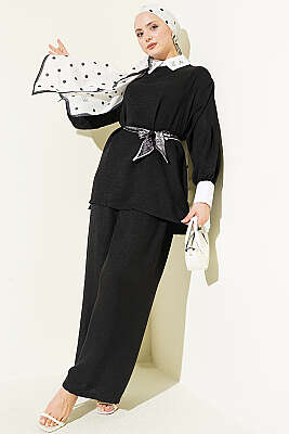 Gömlek Yaka Taşlı Salaş İkili Takım Siyah 