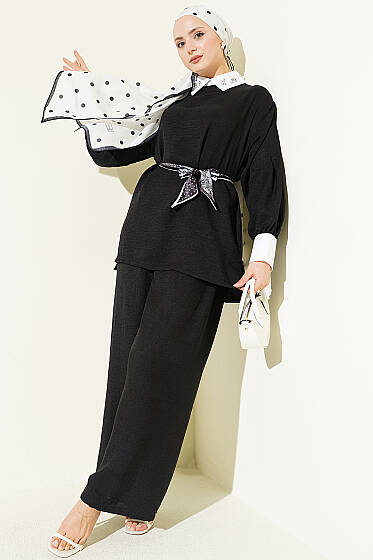 Gömlek Yaka Taşlı Salaş İkili Takım Siyah - İkili Takım