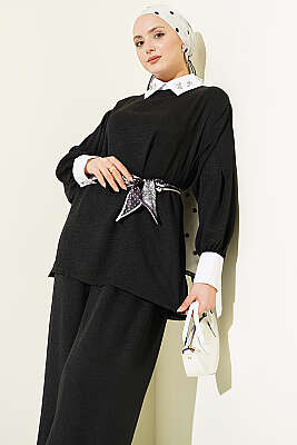 Gömlek Yaka Taşlı Salaş İkili Takım Siyah - İkili Takım