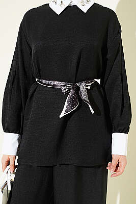 Gömlek Yaka Taşlı Salaş İkili Takım Siyah - İkili Takım