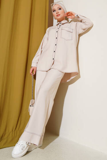 Gömlek Yaka Tek Cepli İkili Takım Bej - İkili Takım