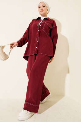 Gömlek Yaka Tek Cepli İkili Takım Bordo - İkili Takım