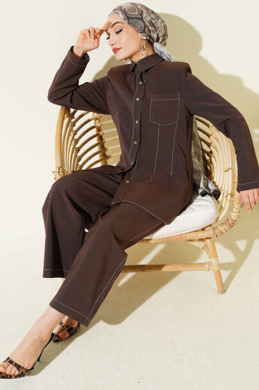 Gömlek Yaka Tek Cepli Takım Kahve - İkili Takım