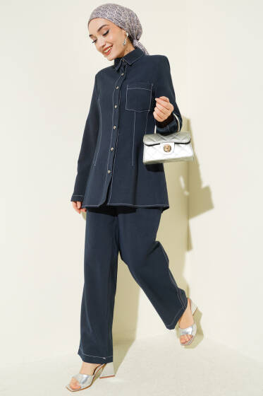 Gömlek Yaka Tek Cepli Takım Lacivert - İkili Takım