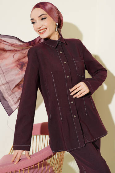 Gömlek Yaka Tek Cepli Takım Mürdüm - İkili Takım