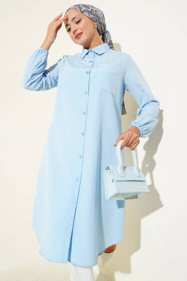 Gömlek Yaka Tek Cepli Uzun Gömlek Bebe Mavi - Gömlek