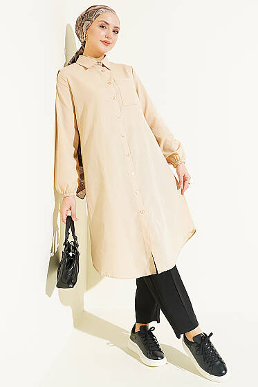 Gömlek Yaka Tek Cepli Uzun Gömlek Bej - Gömlek