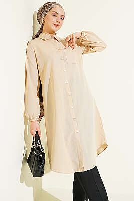 Gömlek Yaka Tek Cepli Uzun Gömlek Bej - Gömlek