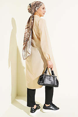 Gömlek Yaka Tek Cepli Uzun Gömlek Bej - Gömlek