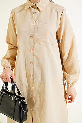 Gömlek Yaka Tek Cepli Uzun Gömlek Bej - Gömlek