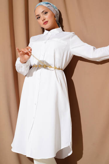 Gömlek Yaka Tek Cepli Uzun Gömlek Beyaz - Gömlek