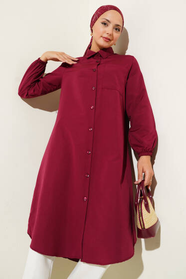 Gömlek Yaka Tek Cepli Uzun Gömlek Bordo - Gömlek