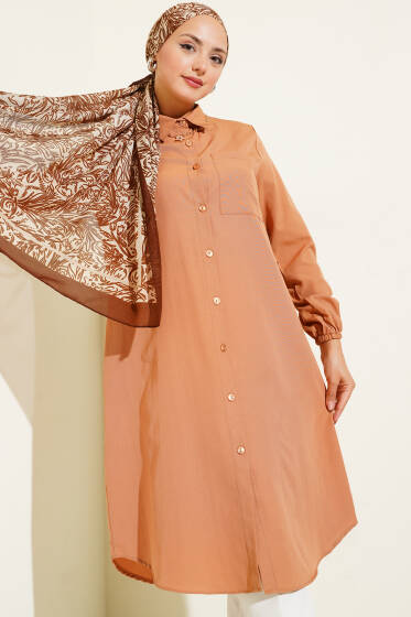 Gömlek Yaka Tek Cepli Uzun Gömlek Camel - Gömlek