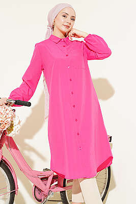 Gömlek Yaka Tek Cepli Uzun Gömlek Fuşya - Gömlek