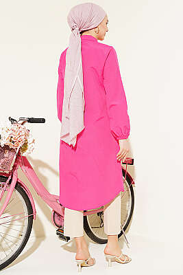 Gömlek Yaka Tek Cepli Uzun Gömlek Fuşya - Gömlek