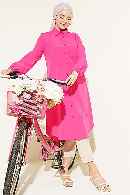 Gömlek Yaka Tek Cepli Uzun Gömlek Fuşya 