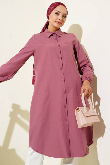 Gömlek Yaka Tek Cepli Uzun Gömlek Gül Kurusu - Gömlek