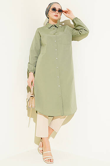 Gömlek Yaka Tek Cepli Uzun Gömlek Haki - Gömlek
