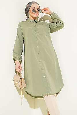 Gömlek Yaka Tek Cepli Uzun Gömlek Haki - Gömlek