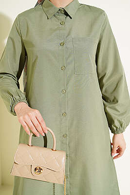 Gömlek Yaka Tek Cepli Uzun Gömlek Haki - Gömlek