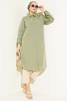 Gömlek Yaka Tek Cepli Uzun Gömlek Haki 