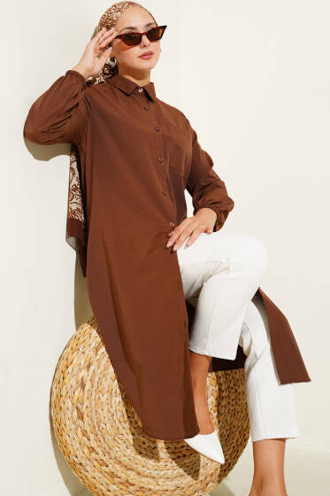 Gömlek Yaka Tek Cepli Uzun Gömlek Kahve - Gömlek